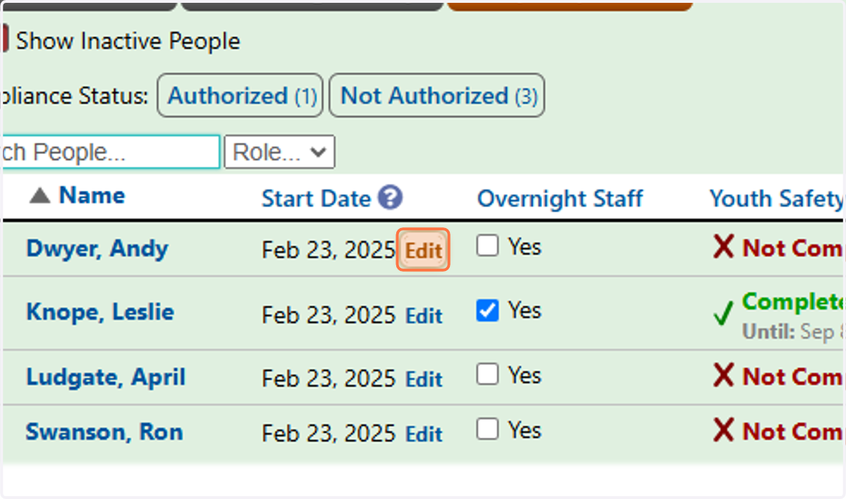 Click Edit next to the Start Date of the staff you want to modify