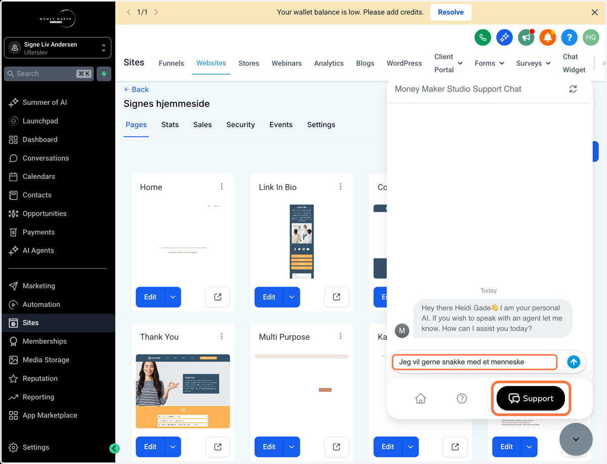 Når du klikker på den grå support-knap, vælger du “Support”-ikonet – og bliver først mødt af vores AI-chatrobot. 🧠 Skriv fx "Chat med en ekspert", så bliver du sendt videre til den rigtige live-support.