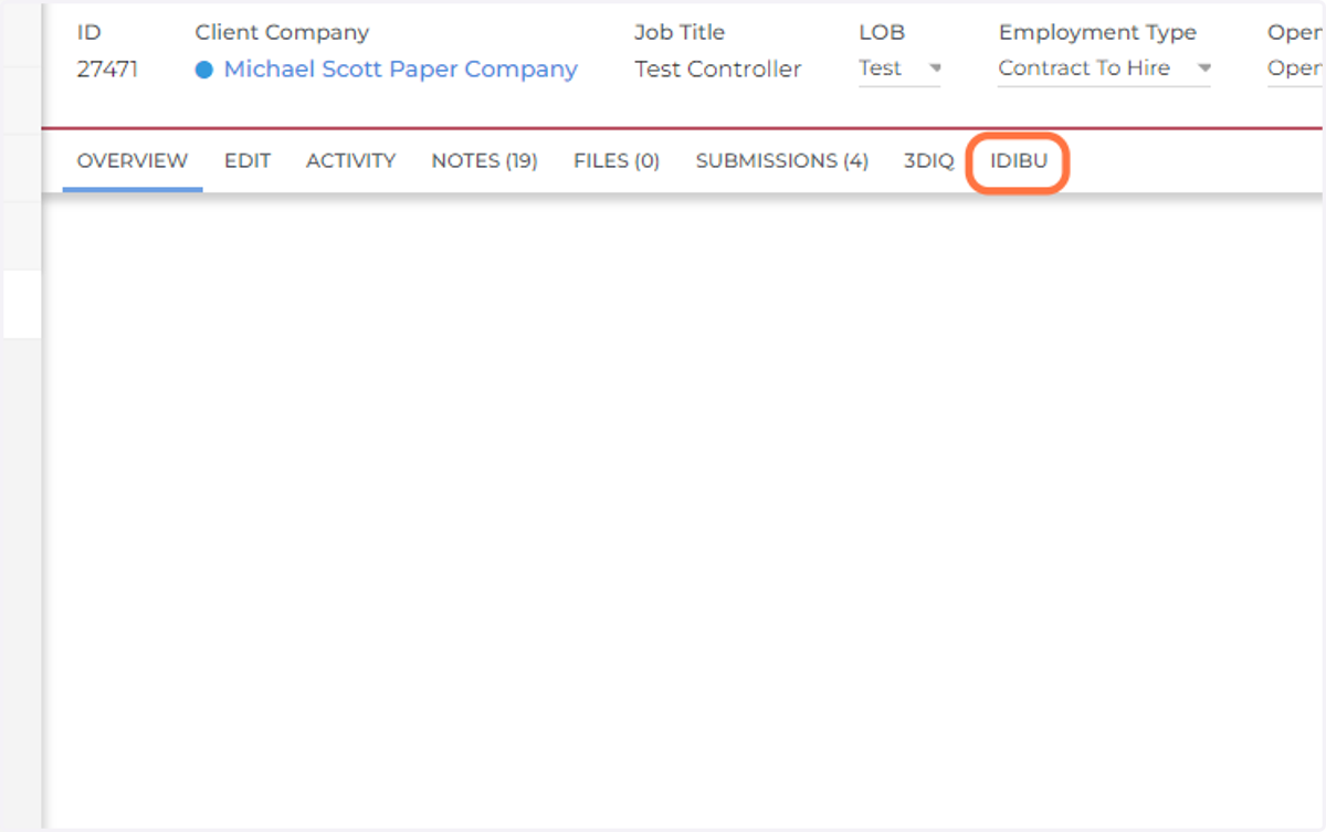 Once the job is created, Recruiters open the Job in Bullhorn and click the Idibu Tab