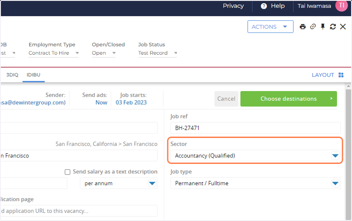 Select the appropriate "Sector" field