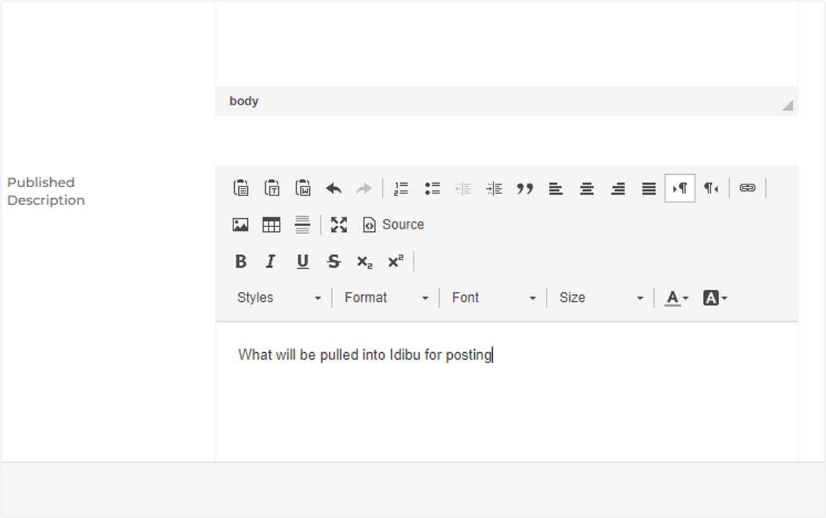 Published Job Description = the text Idibu pulls for the Job Posting