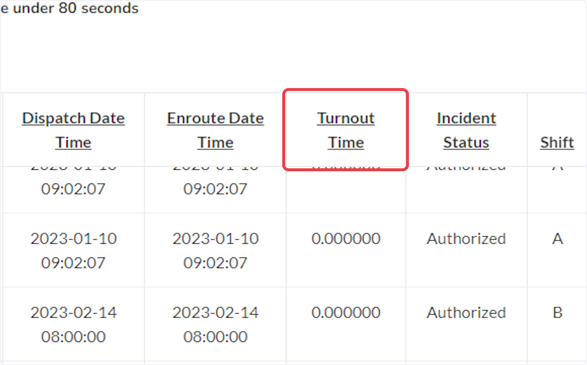 The report is driven by the turnout time column. All columns are available for sorting.