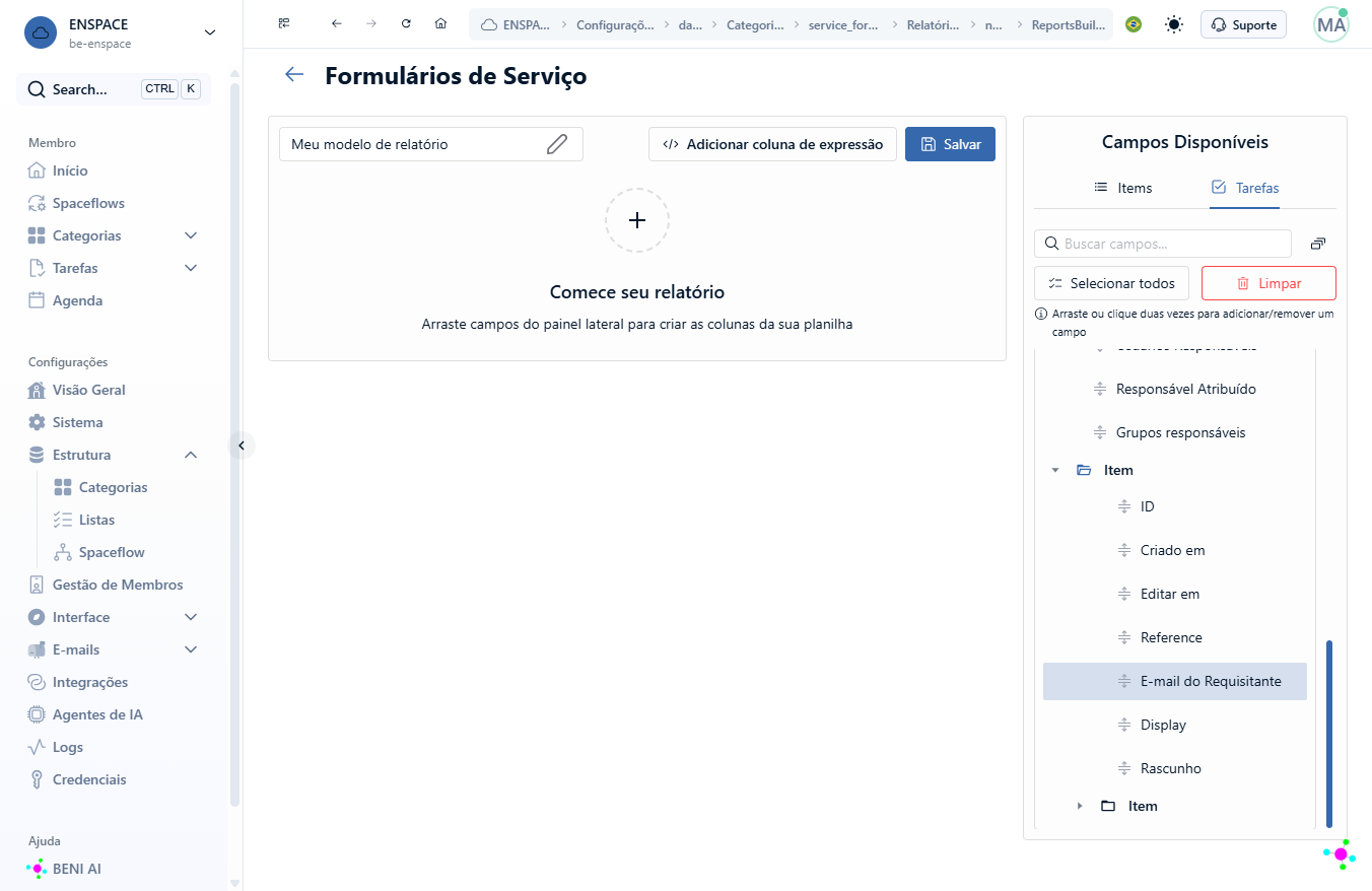 Selecione o dado do item que deseja mostrar no relatório de tarefas