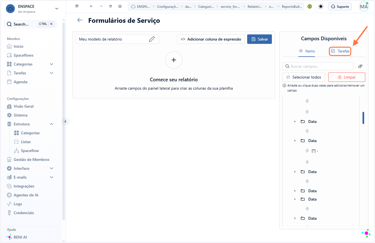 Na barra à direita, selecione o tipo de relatório "Tarefas"