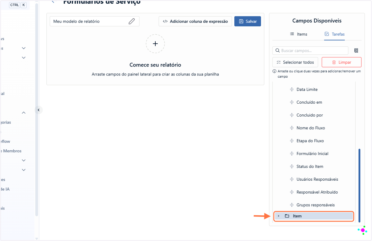 Você notará, abaixo dos dados disponíveis de tarefa, ao fim da lista, uma pasta chamada "Item"
