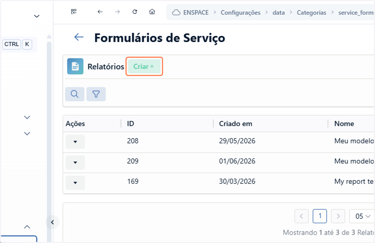 Na tela de relatórios, clique em Criar