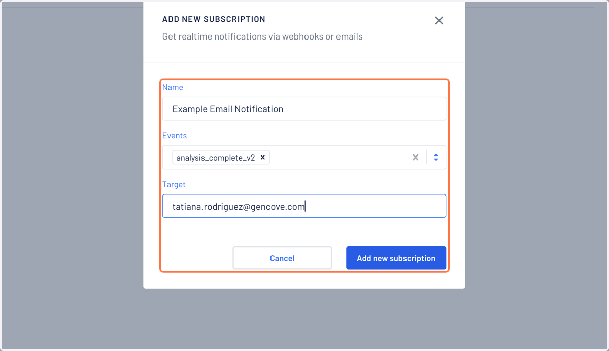Select analysis_complete_v2 as the Event and your desired email as the Target