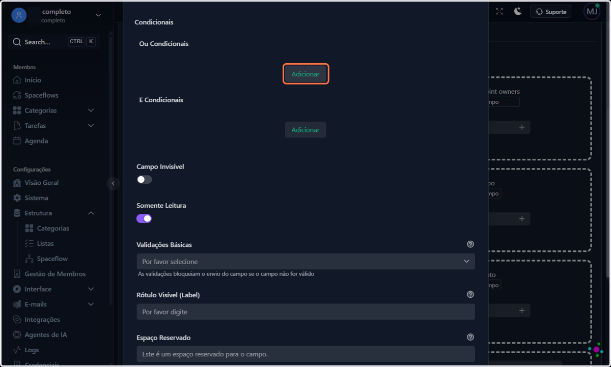 No construtor de condicionais, clique em Adicionar, em qualquer ramo (ou/e)