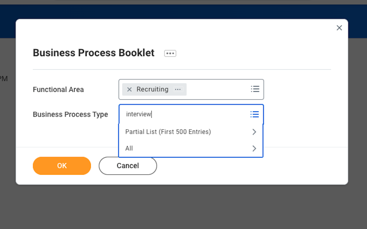 Search for and select "Interview" in the "Business Process Type" box