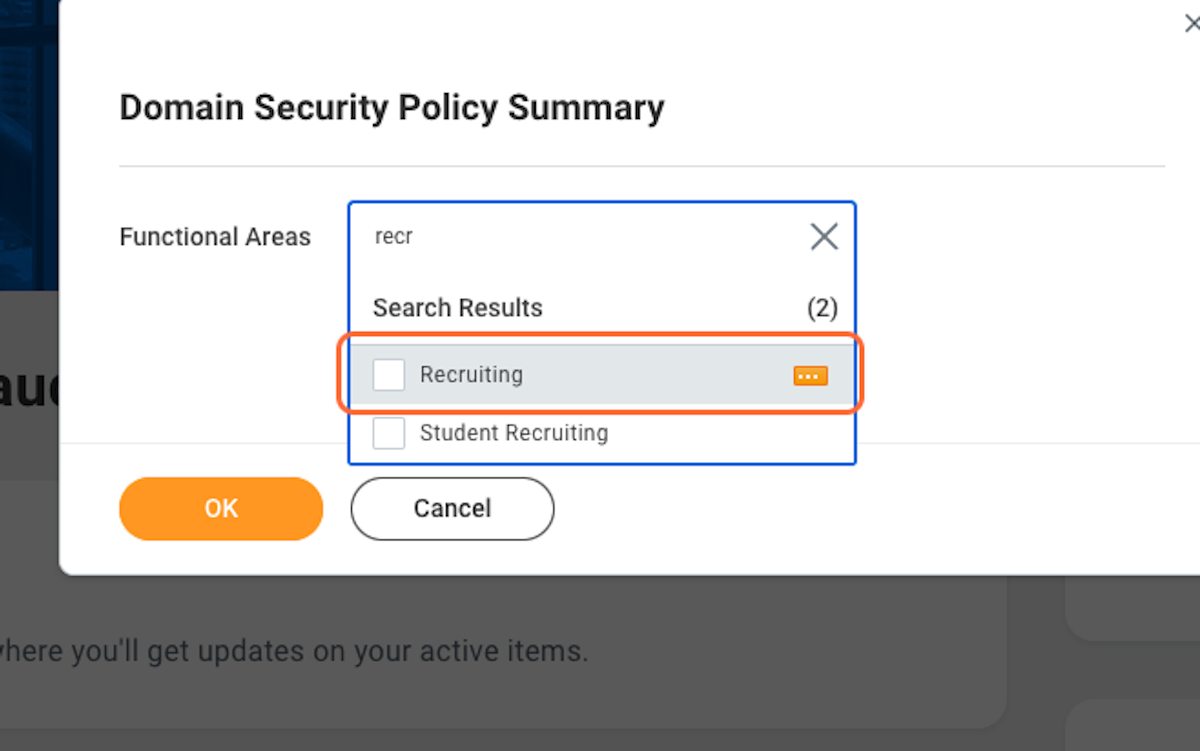 Search for "recruiting" in the Functional Areas box, select it and press OK
