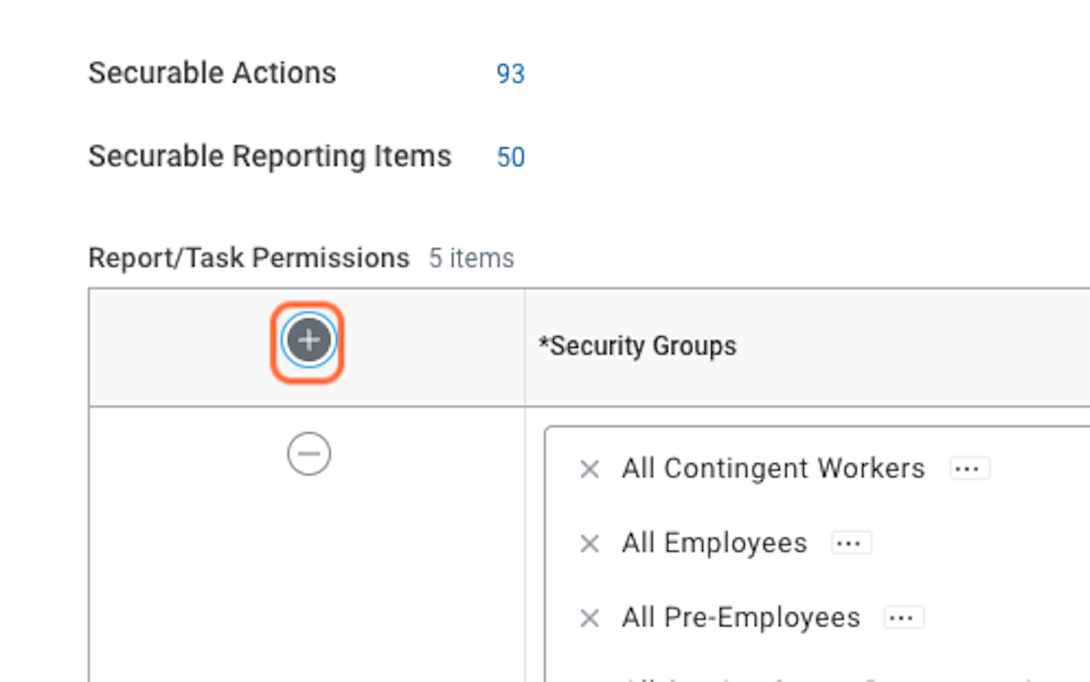 In the "Report/Task Permissions" section click the + sign. Search for your newly created User Based Security Group, and select it. 