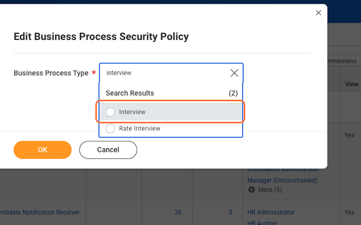 For Business Process Type search for "interview", select the "Interview" option, and click OK