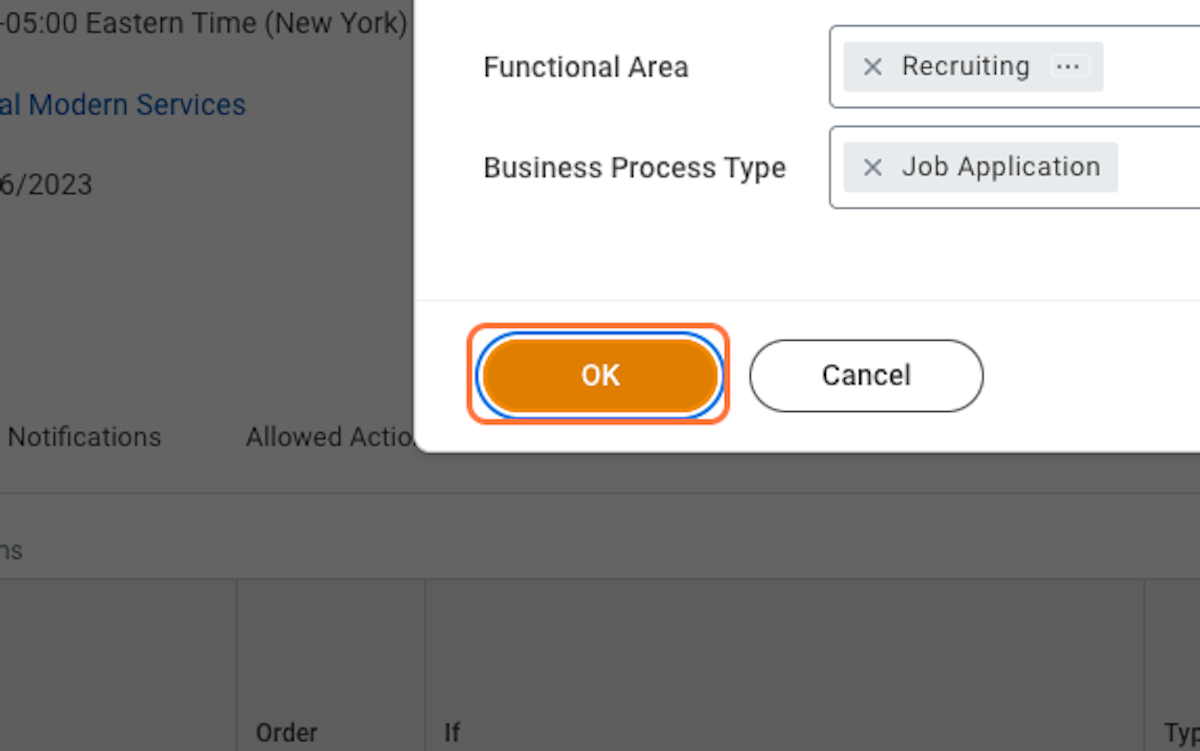 Search for and select "Job Application" as the Business Process Type, and press OK