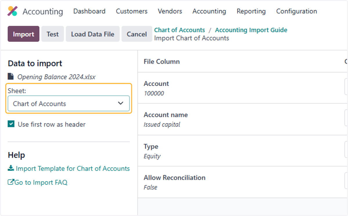 Select Chart of Accounts Sheet