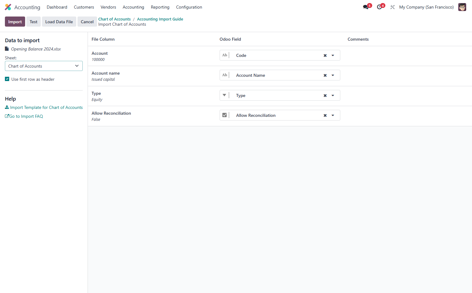 Check Odoo Field correctly corresponds with the file column