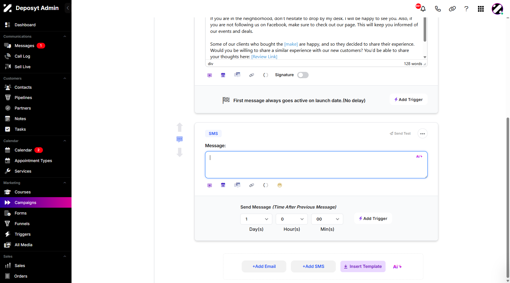 Step 8: Once selected, the SMS canvas opens where you can compose your SMS.
