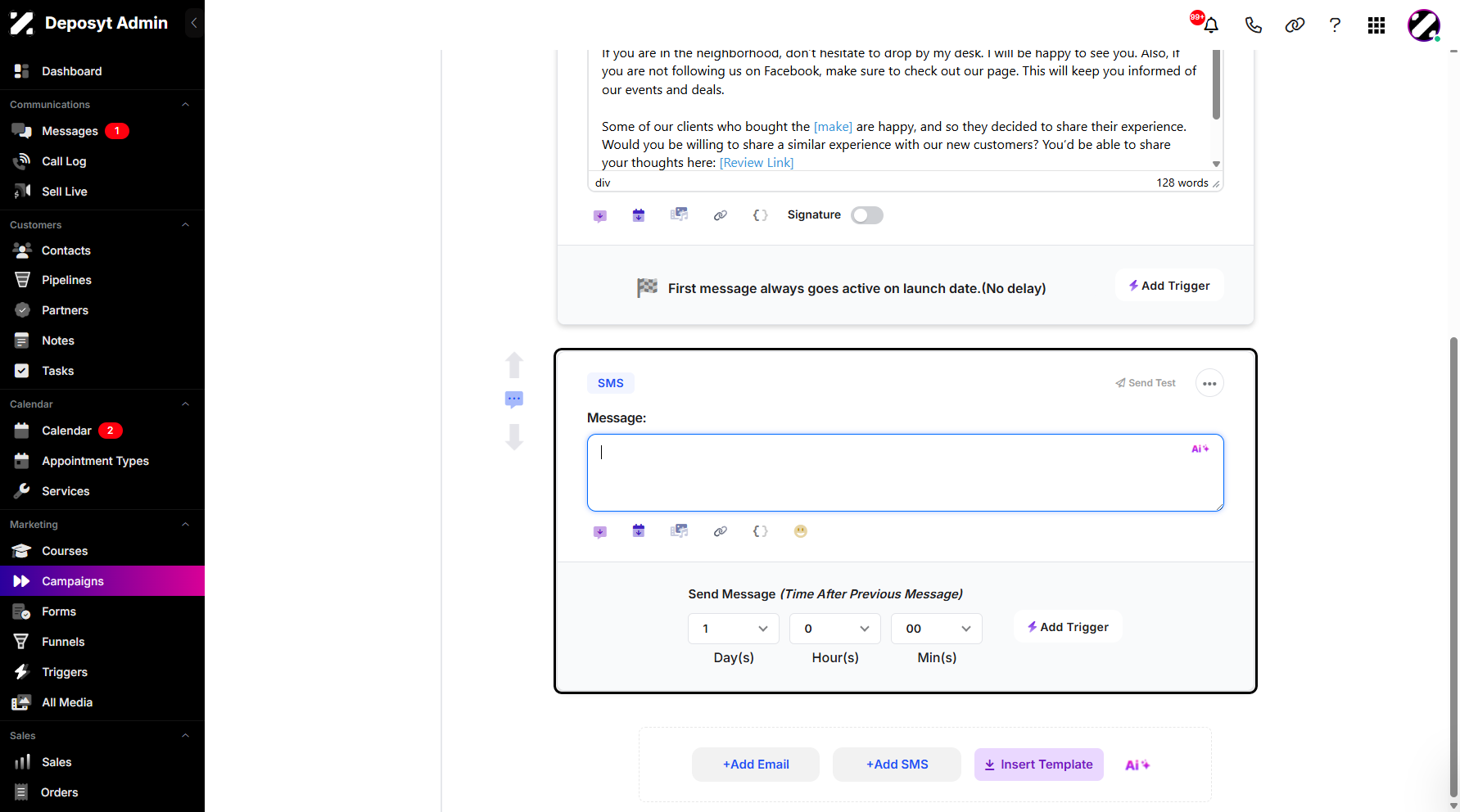 Step 8: Once selected, the SMS canvas opens where you can compose your SMS.