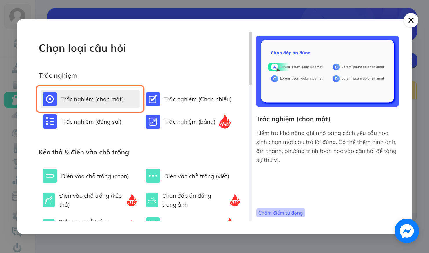 Nhấn chọn "Trắc nghiệm (chọn một)"