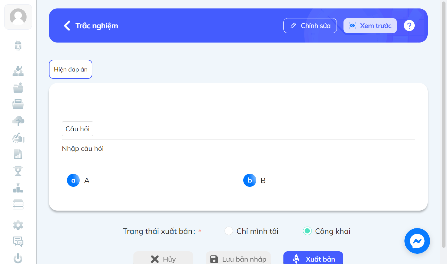Bảng hiển thị câu hỏi