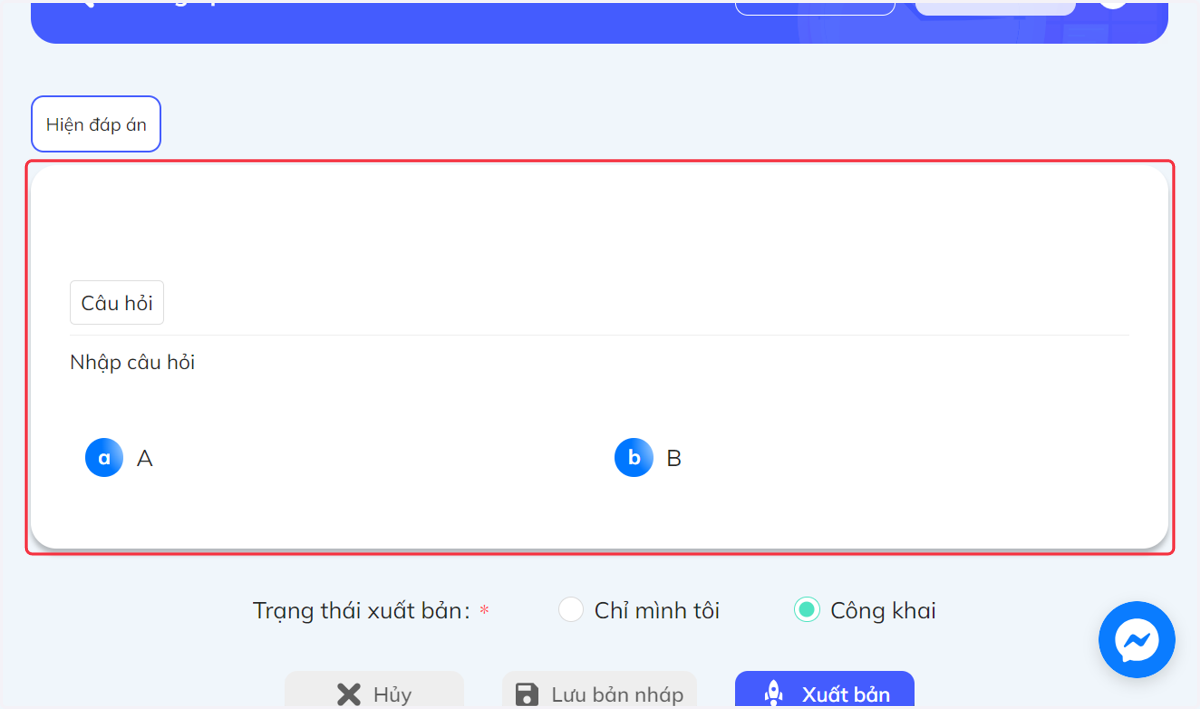 Bảng hiển thị câu hỏi