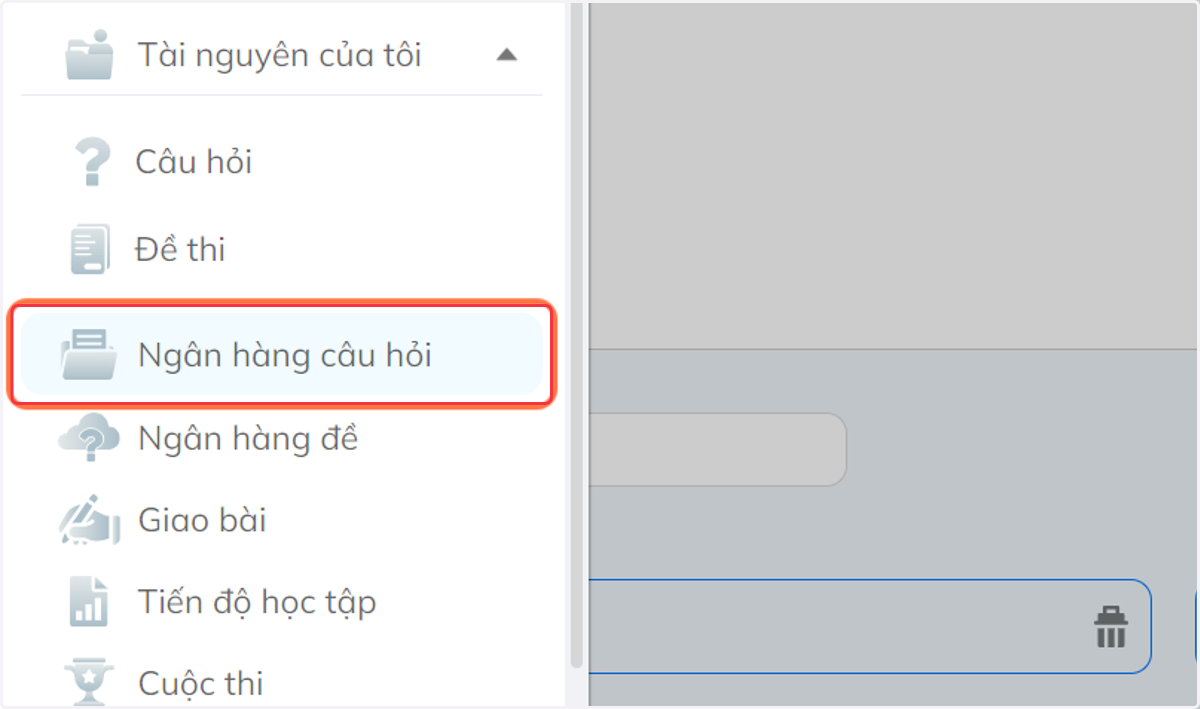 Nhấn chọn "Ngân hàng câu hỏi"