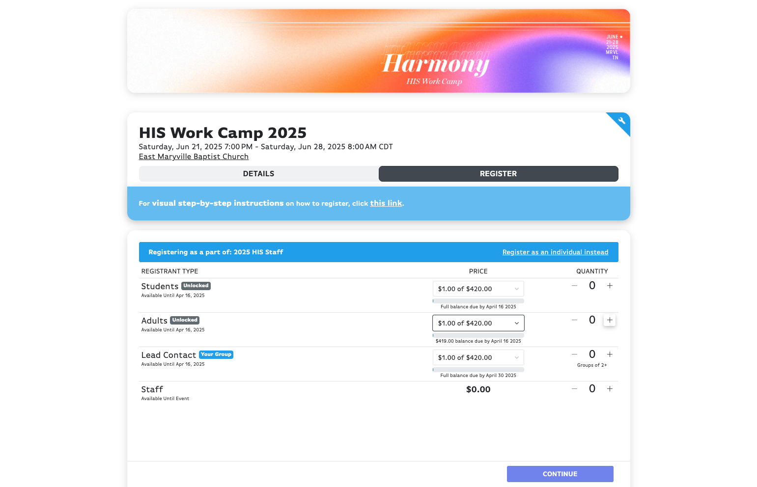 Click on Increment Amount for however many people you are registering.
