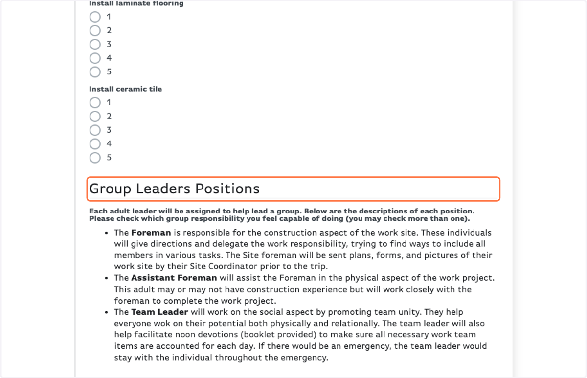 Read through Group Leaders Positions carefully and indicate which roles you feel capable of doing.