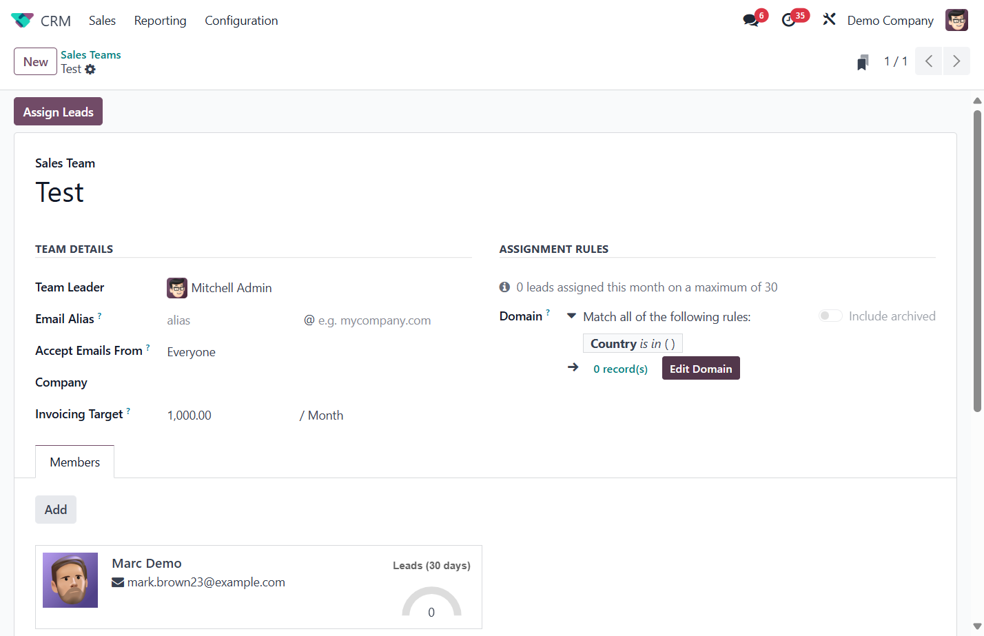 To assign leads based on rules, click Edit Domain