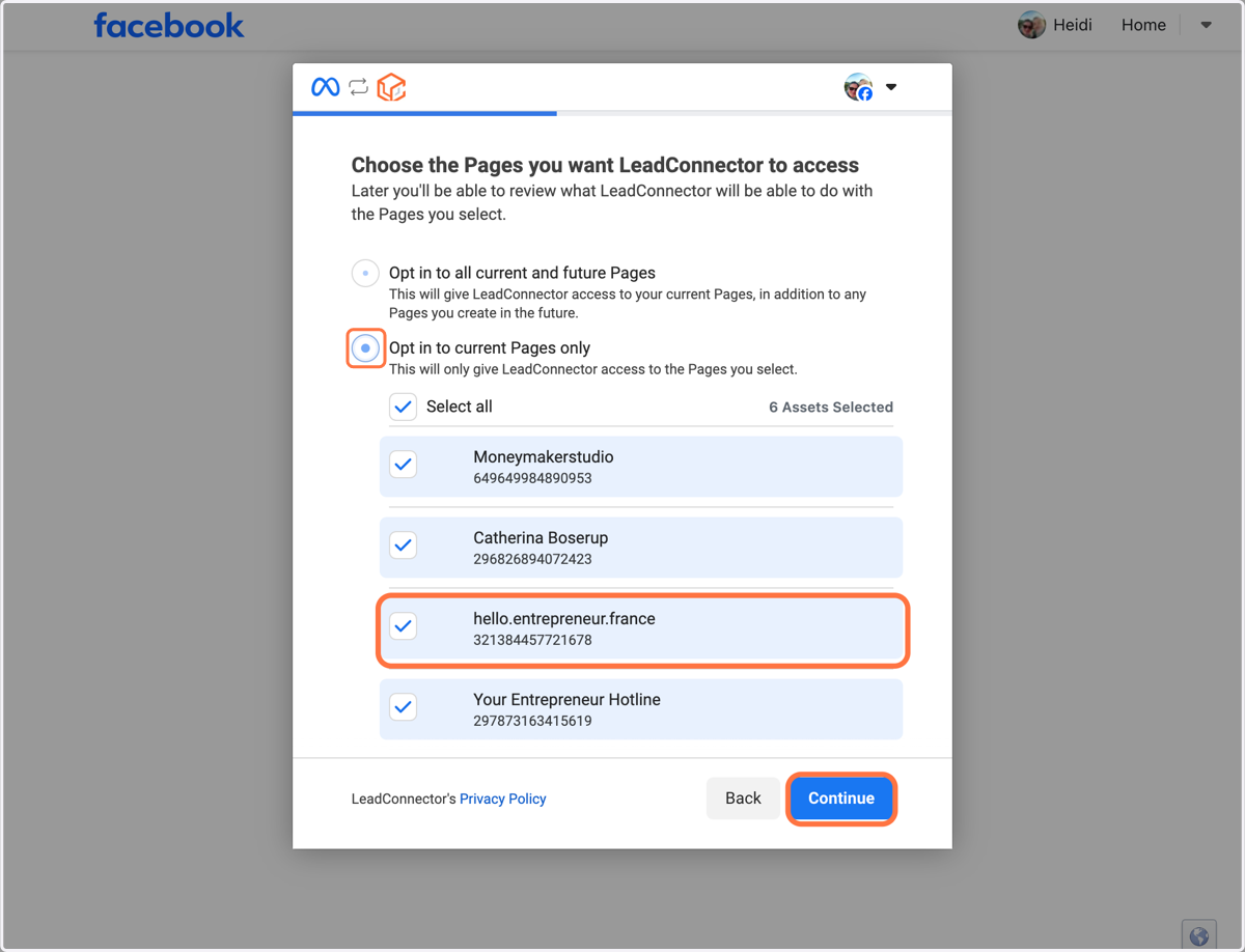 Vælg muligheden "Opt in to current Pages only" og vælg den/de sider du vil tilkoble, derefter klik på "Continue"