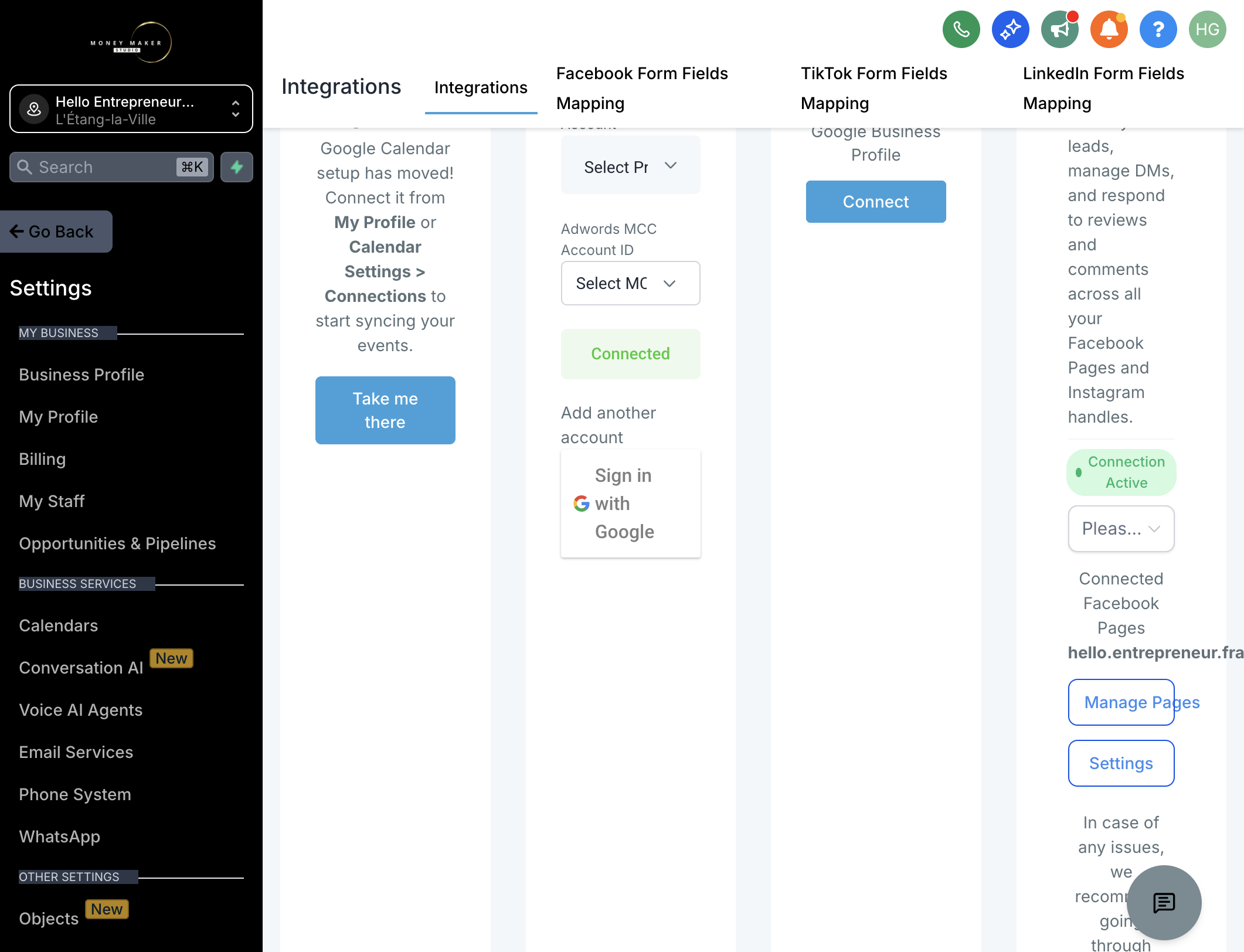 Du kan altid ændre dine tilknyttede Facebook- og Instagram-sider senere. Det gør du ved at klikke på “Manage Pages”, hvis du vil tilføje eller fjerne sider - eller “Settings”, hvis du vil justere opsætningen.