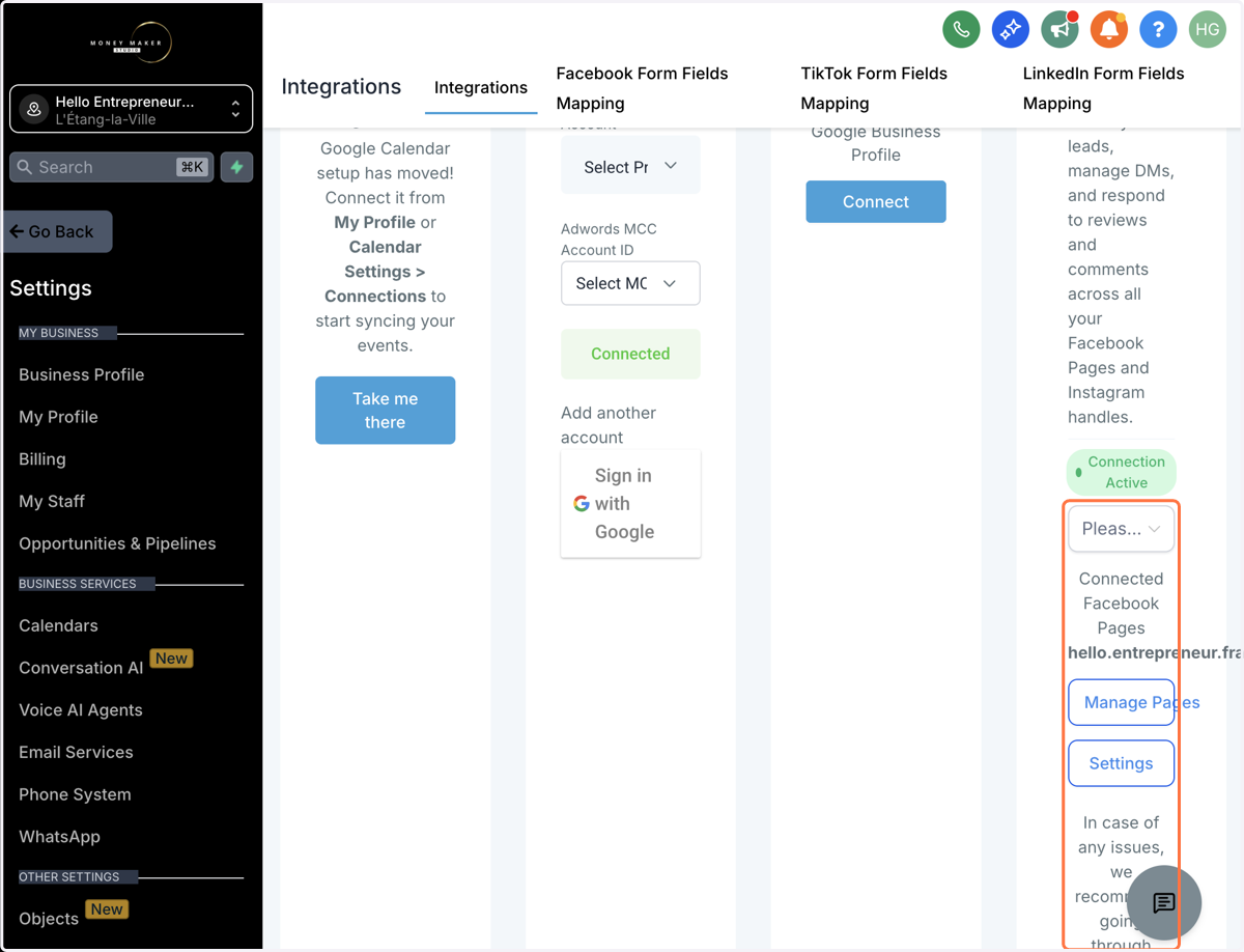 Du kan altid ændre dine tilknyttede Facebook- og Instagram-sider senere. Det gør du ved at klikke på “Manage Pages”, hvis du vil tilføje eller fjerne sider - eller “Settings”, hvis du vil justere opsætningen.