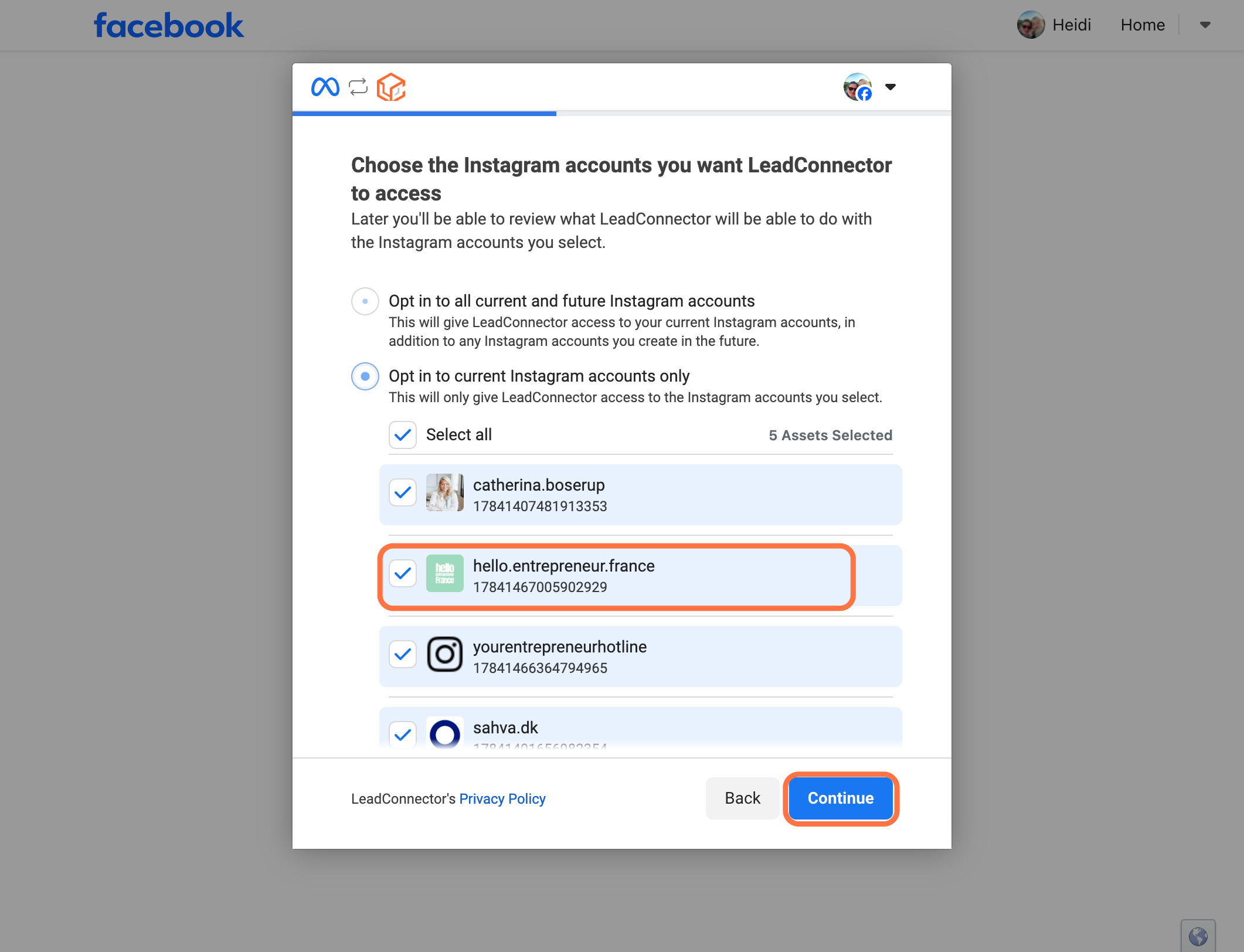 Vælg muligheden "Opt in to current Instagram accounts only" og vælg den/de Instagram-konti du vil tilkoble, derefter klik på "Continue"