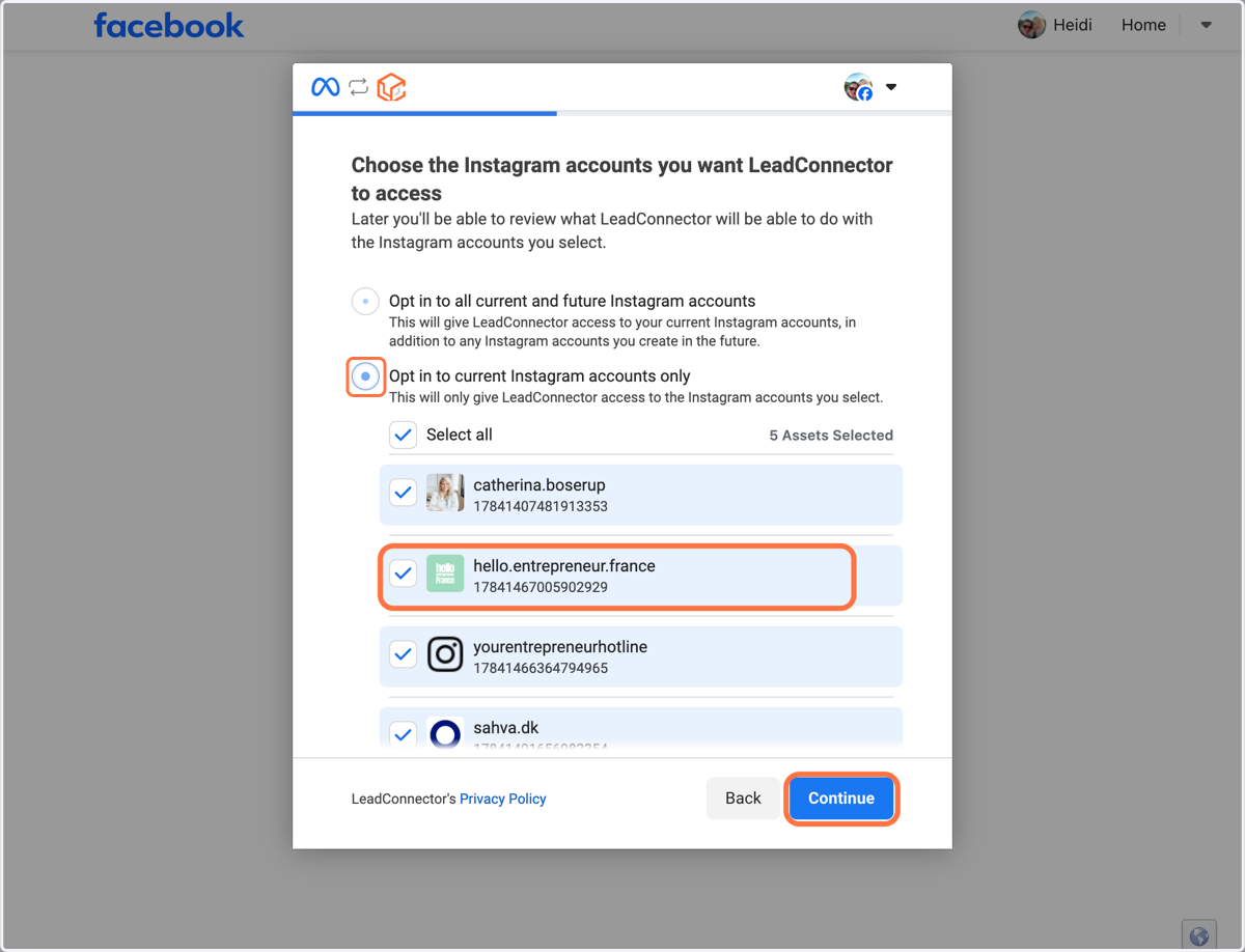 Vælg muligheden "Opt in to current Instagram accounts only" og vælg den/de Instagram-konti du vil tilkoble, derefter klik på "Continue"