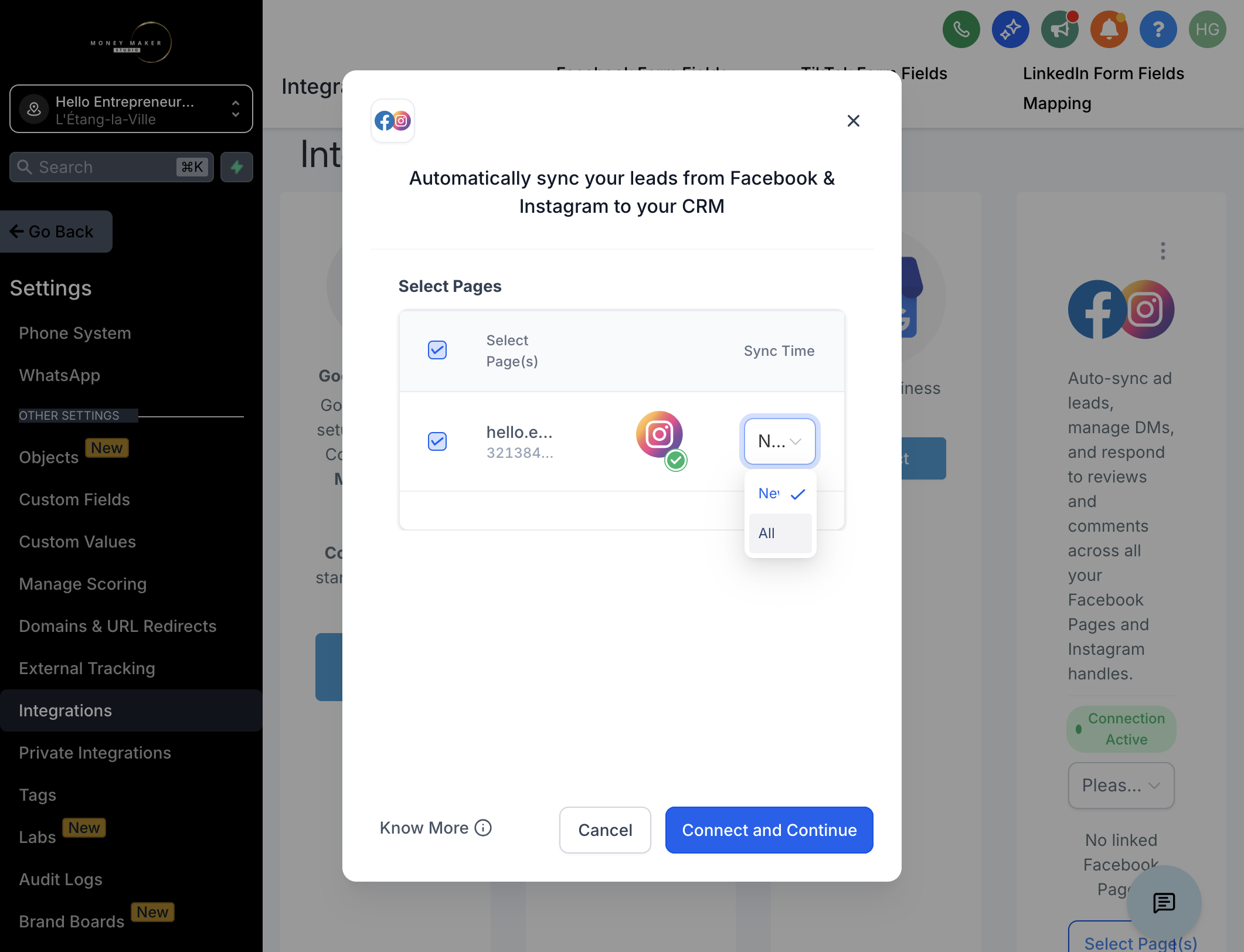 Aktiver synkronisering af leads fra dine Facebook og Instagram-konti ved at vælge "New" eller "All" på listen, klik derefter på "Connect and Continue"