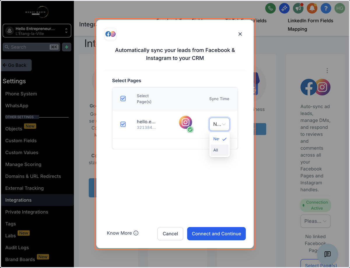Aktiver synkronisering af leads fra dine Facebook og Instagram-konti ved at vælge "New" eller "All" på listen, klik derefter på "Connect and Continue"