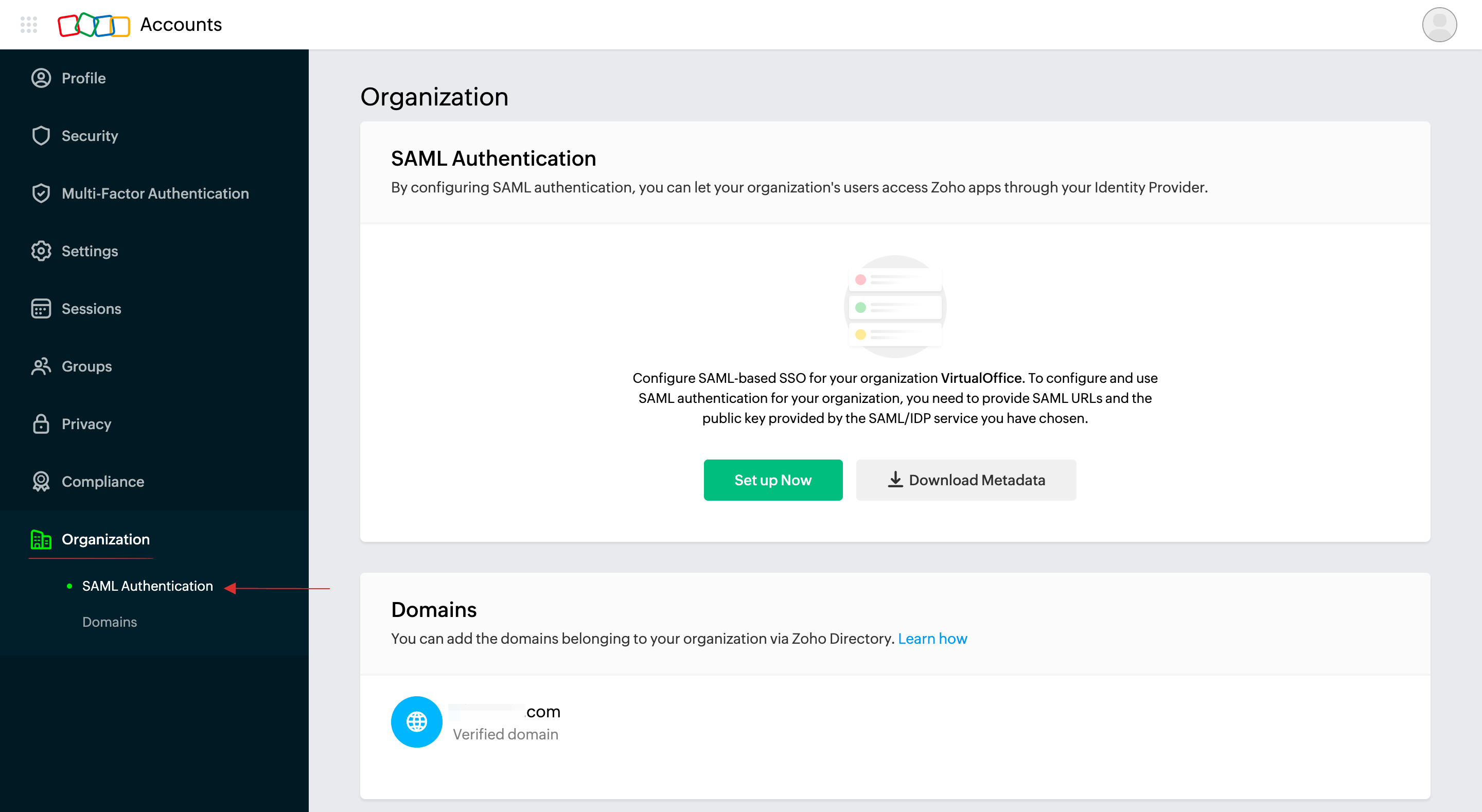 Organization > SAML Authentication