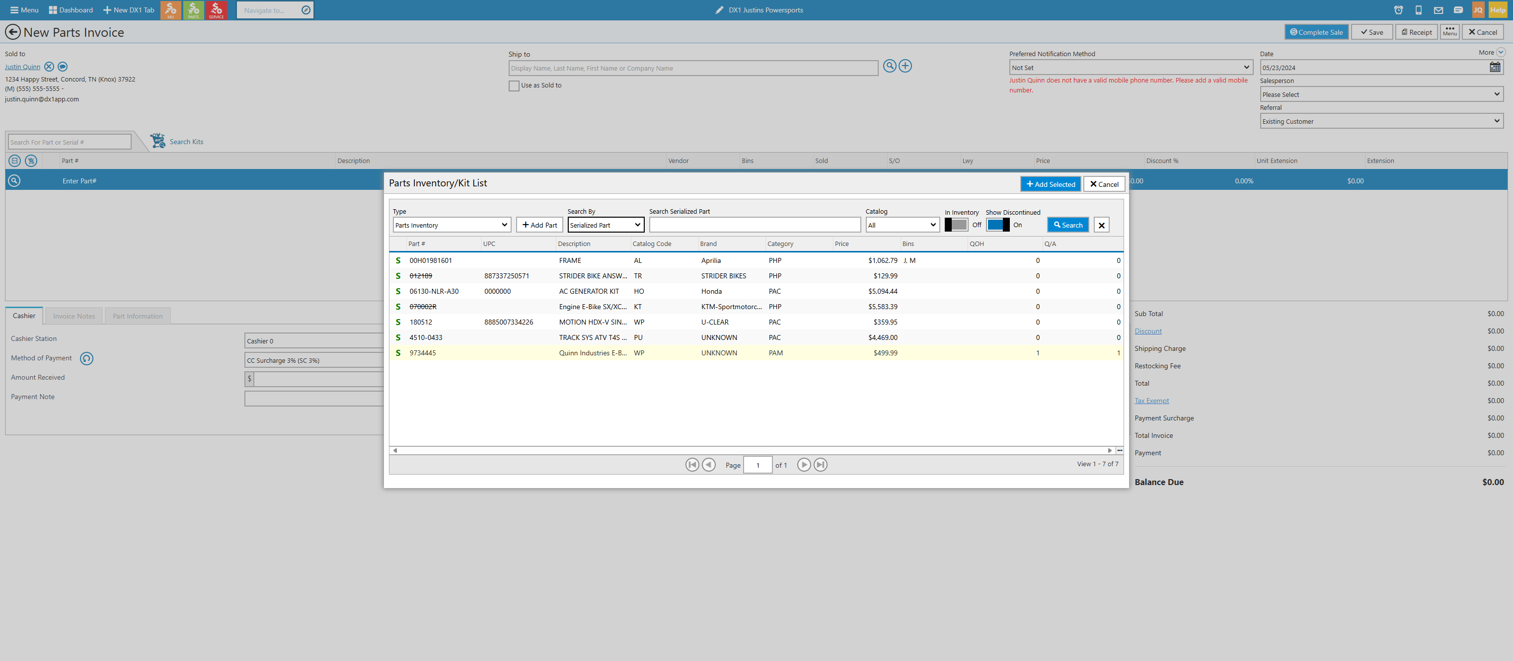 Highlight the part you want to add to the invoice