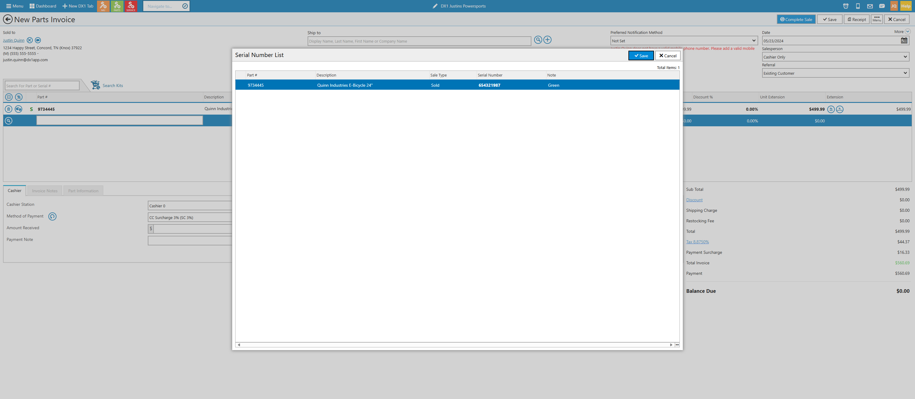 Click on Save to complete the sale and add the unit to the customers garage