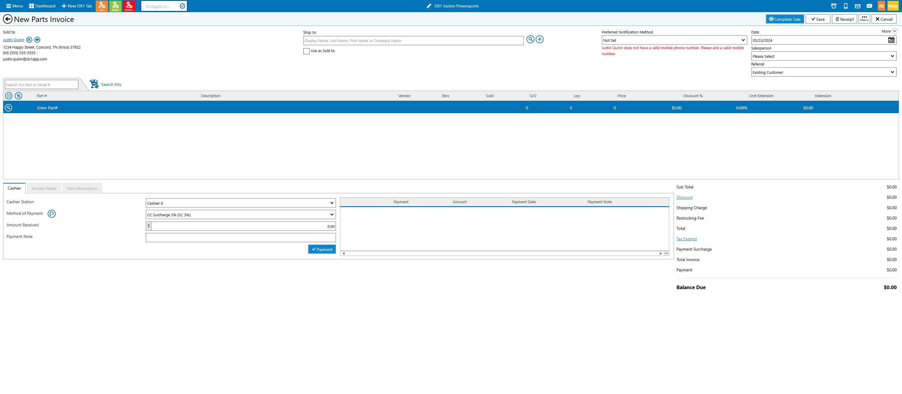 There are a number of ways to add a serial item to a parts invoice. In this case, we are going to use the Part Inventory look-up icon. You could have also added the serial item using the All Fields part search. You can add items using the part or ser