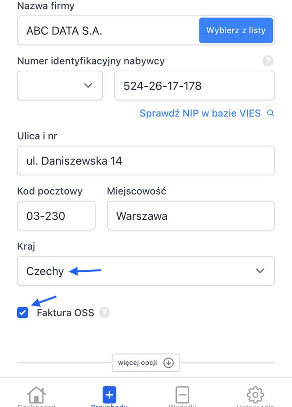 Po wybraniu kraju funkcja Sprawdź NIP w bazie VIES jest dostępna, a checkbox Faktura OSS jest zaznaczony.