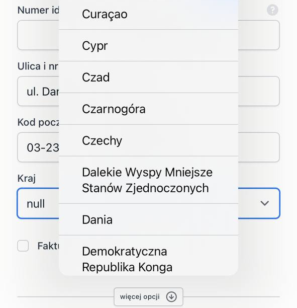 Wybierz kraj z listy.