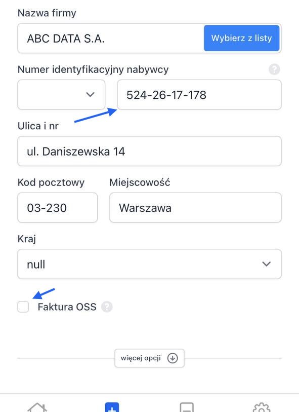 Aby na formularzu edycji dokumentu pojawiła się opcja Sprawdź NIP w bazie VIES, wybierz Kraj. Funkcja działa tylko dla krajów członkowskich UE, a po wybraniu kraju spoza UE opcja nie jest dostępna. Po wybraniu kraju, automatycznie zaznaczy się checkb