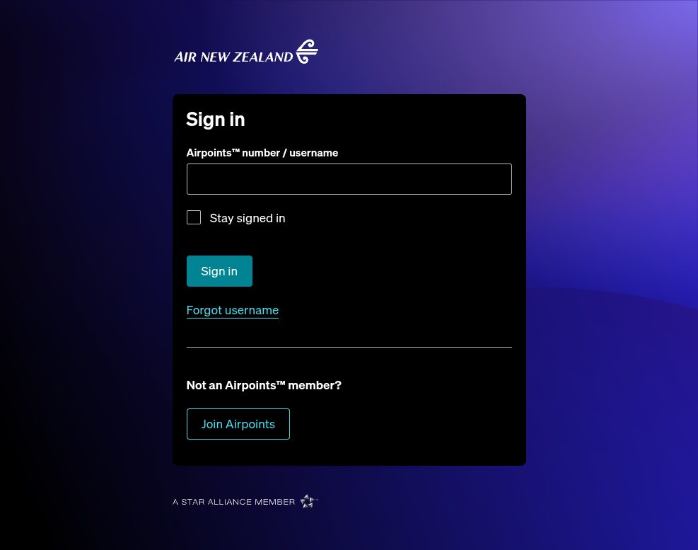 Click on Airpoints™ number / username…