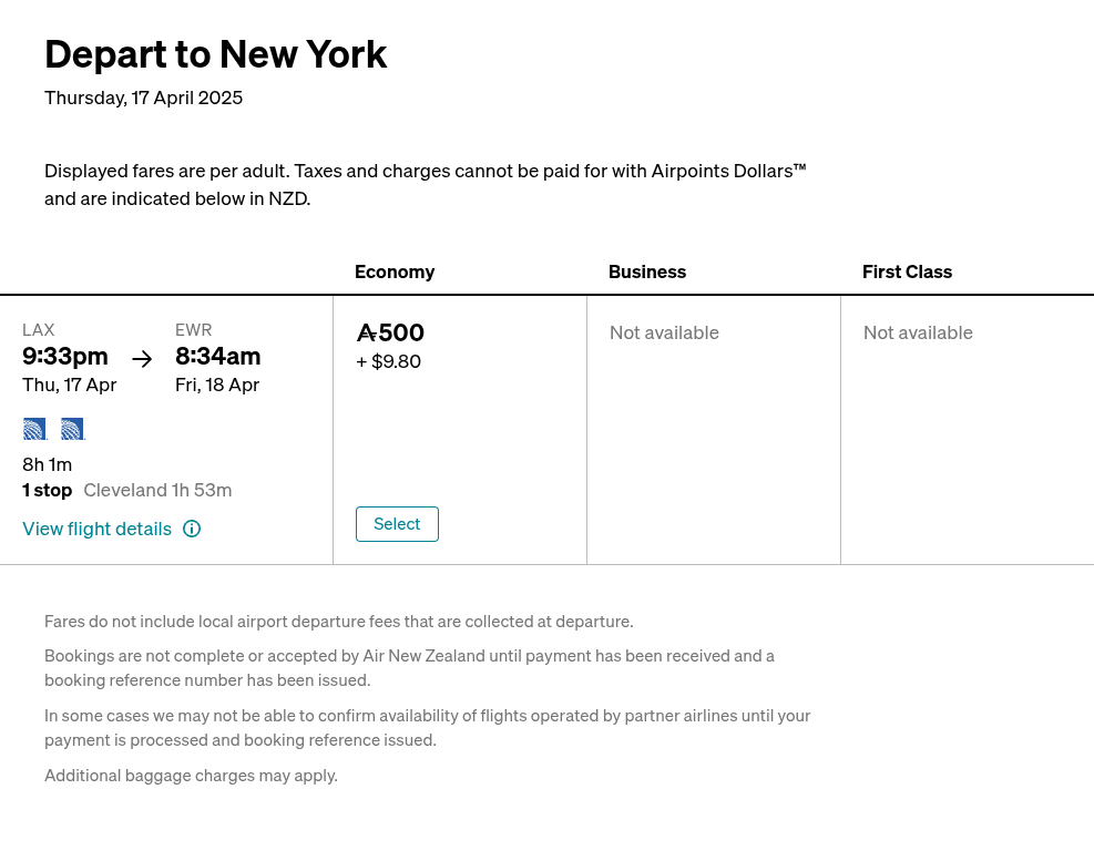 Click on 500 Airpoints Dollars + $9.80 Select