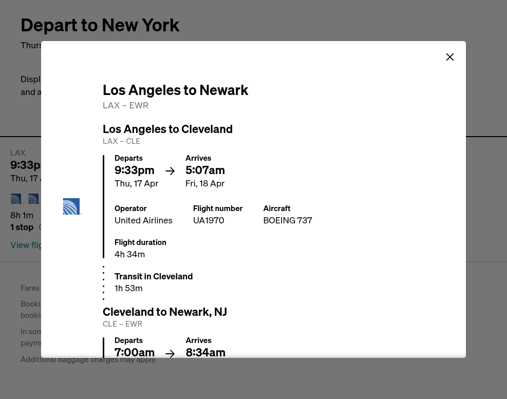 Click on Los Angeles to Newark…
