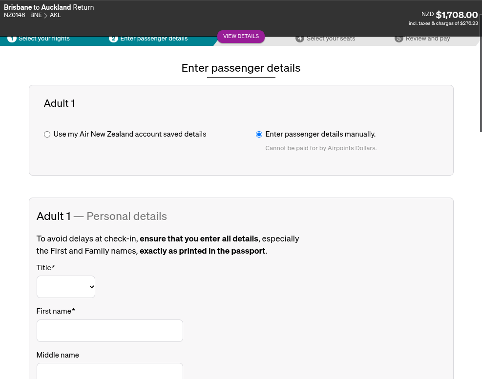 Select Enter passenger details manually.
