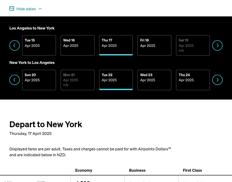 Click on Los Angeles to New York…