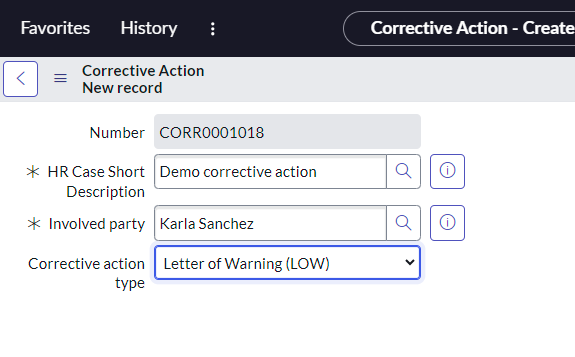 Select the appropriate letter from the Corrective action type drop-down.