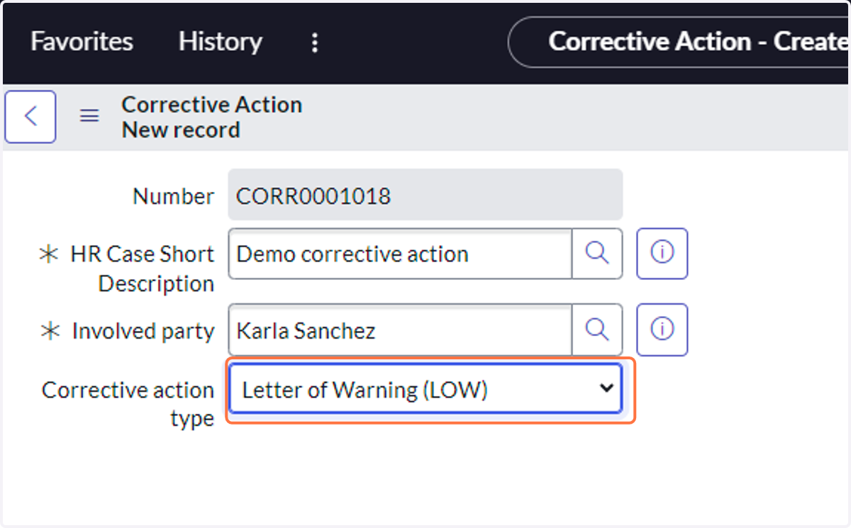 Select the appropriate letter from the Corrective action type drop-down.