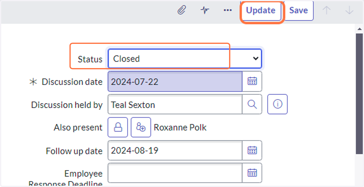 Change the status to Closed. Then Update. You have now completed this corrective action!